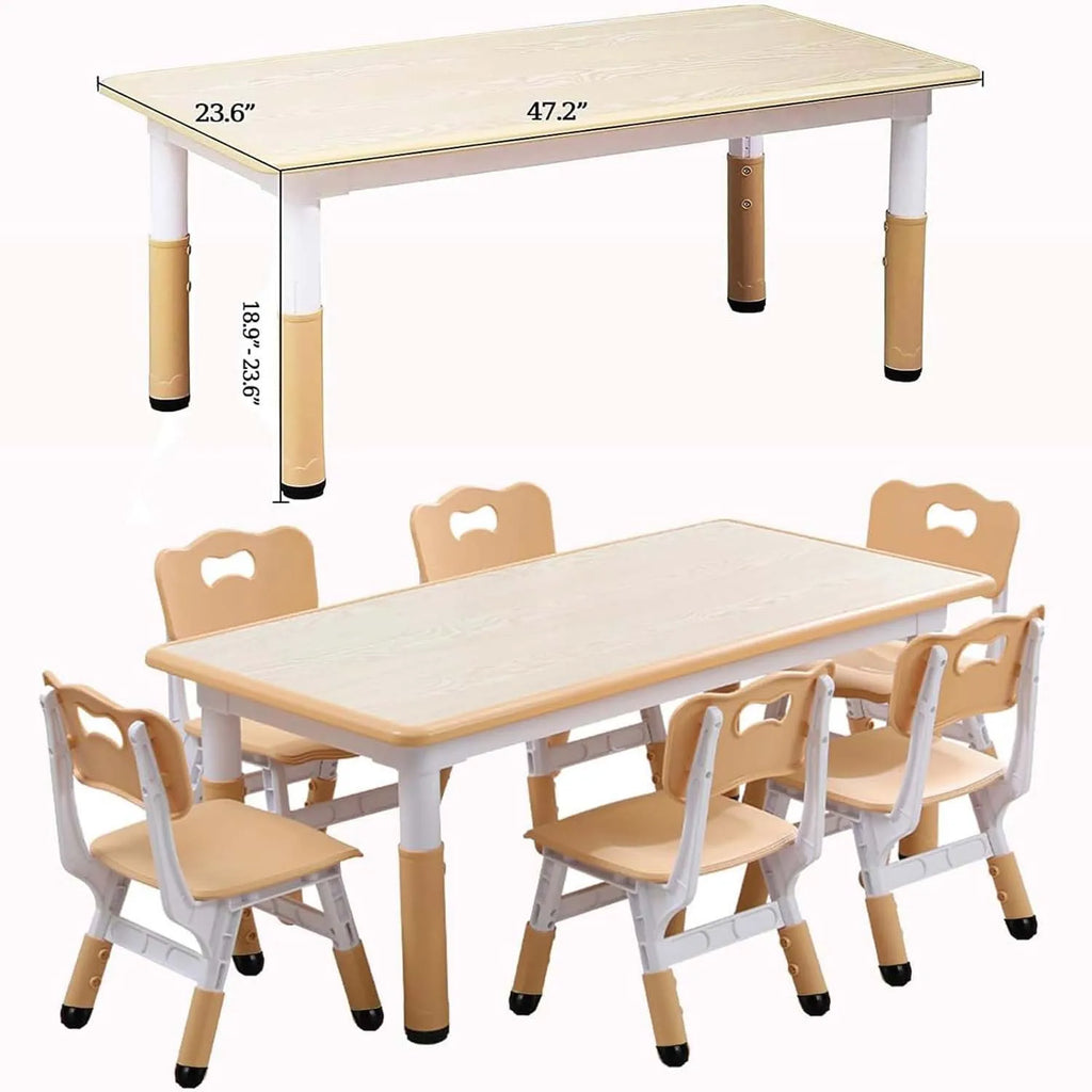 Activity Table and 6 Chairs Set Height Adjustable Study Desk with Graffiti Desktop Non Slip Legs Beige 120x60x48-60cm
