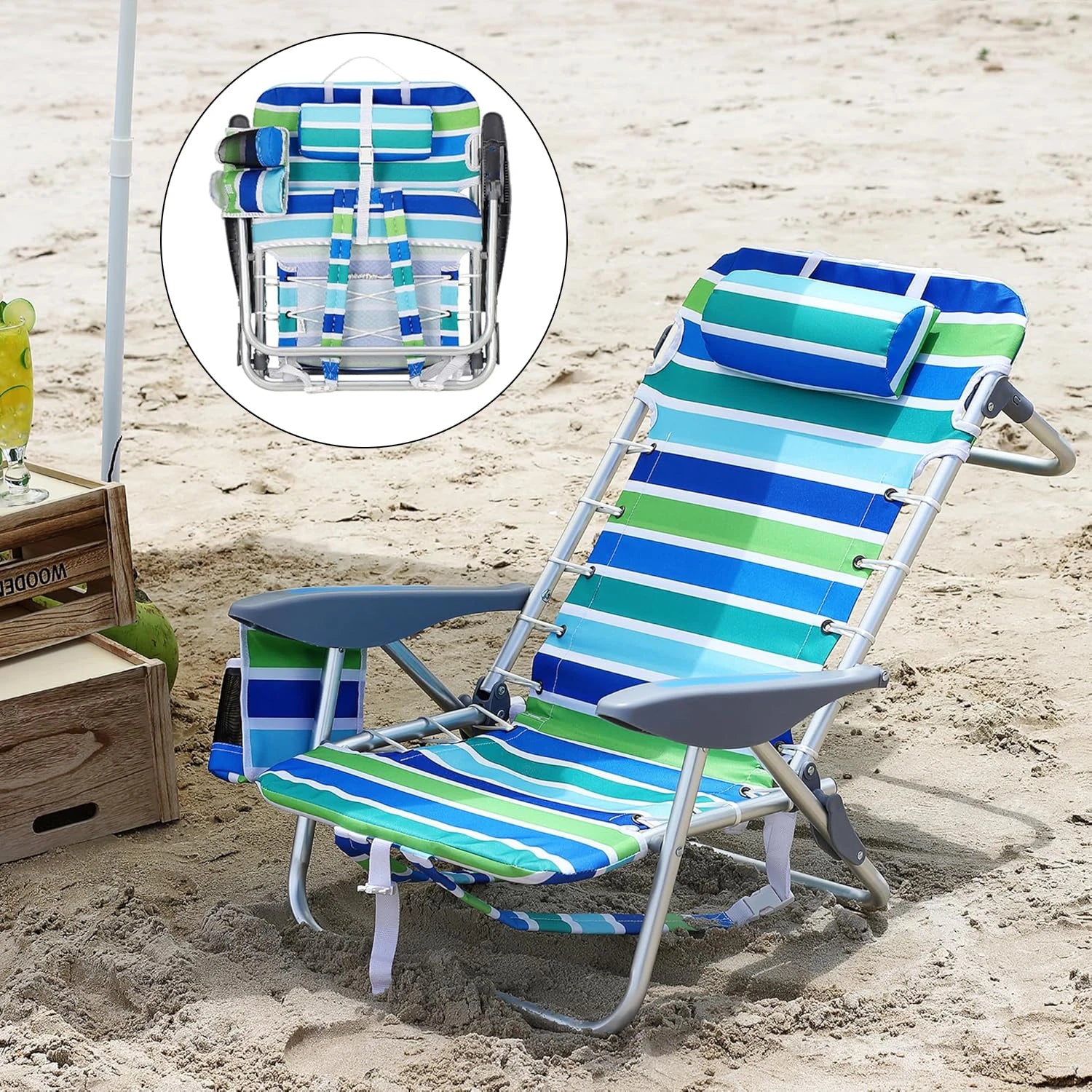 Beach Chair With Pillow Portable Folding Backpack Chair for Adults 5 Reclining Positions, Cup Holder 136kg Capacity Blue and Green Stripe 50x62x90cm