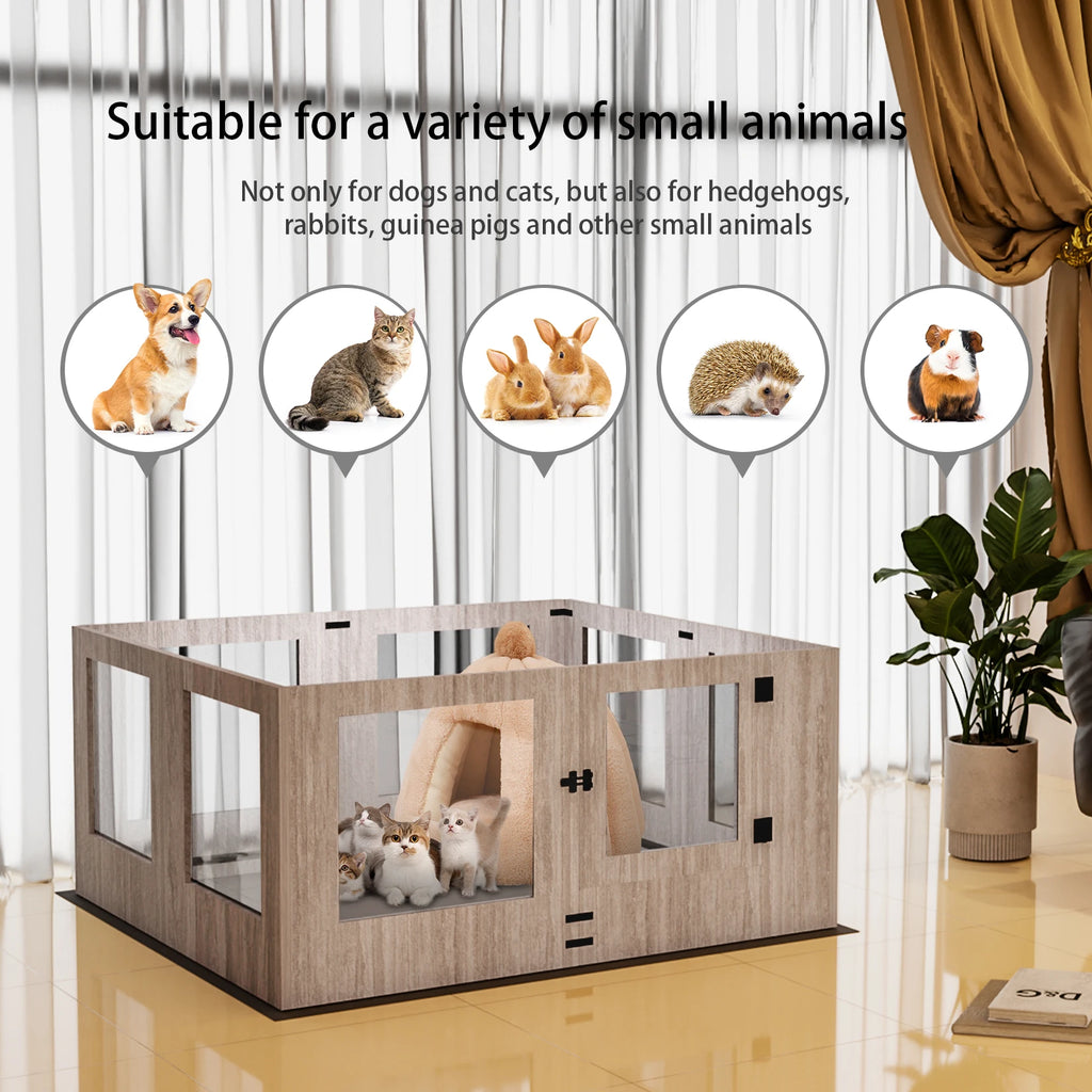 Tempered Glass Pet Playpen 8 Panel Indoor Puppy Exercise Pen with Waterproof Pad Light Grey 120x118.6x60cm
