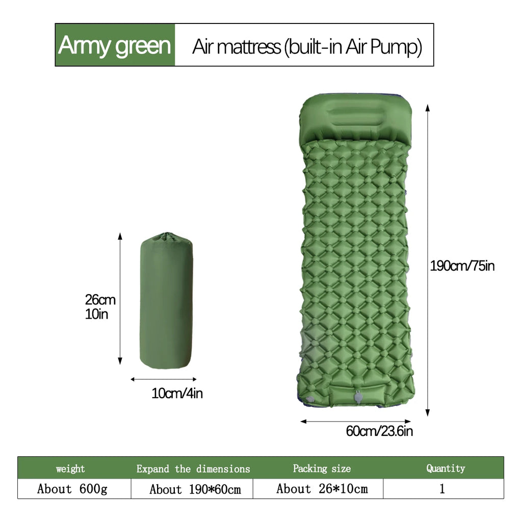 Camping Sleeping Pad Inflatable Air Mattress with Built In Foot Pump and Pillow Ultralight Hiking Mat Green 190x60cm