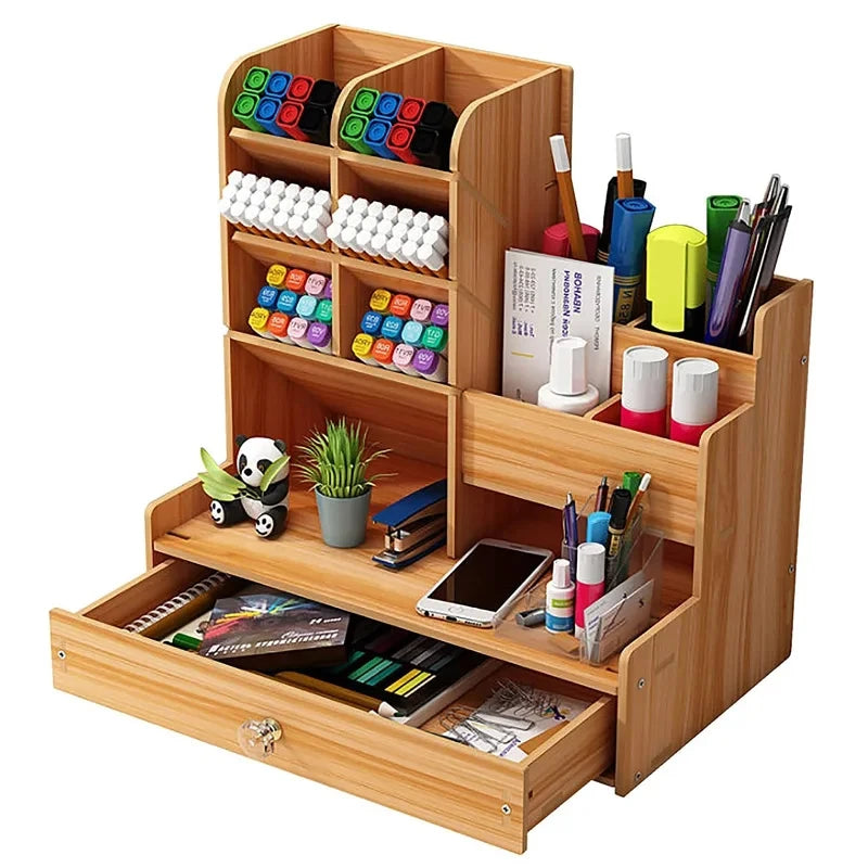 Wooden Desk Organizer DIY Desktop Storage Box Pen Holder Large Capacity Stationery Organizer with Drawer Home Office School Cherry Wood