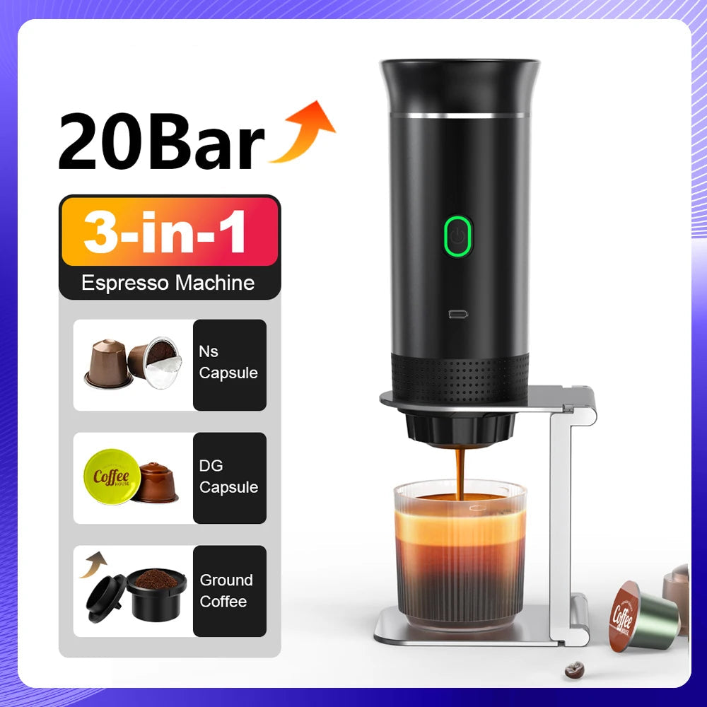 Wireless Portable Espresso Coffee Machine 3-in-1 Capsule Powder Coffee Maker for Car Home Camping Travel Black 2.0 8.3×25.1cm