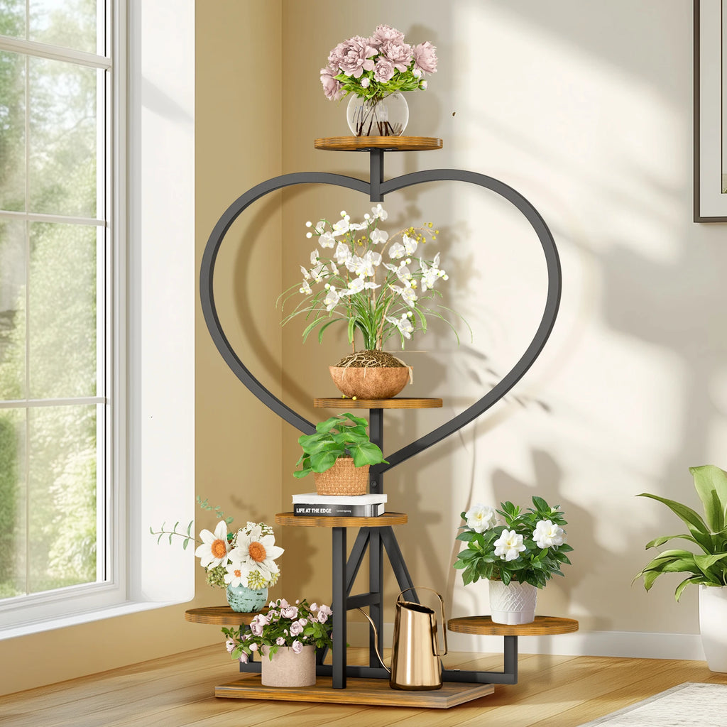 Flower Display Rack Multi-Layer Heart-Shaped Plant Stand Indoor/Outdoor Floral Stand Suitable for Living Room and Balcony Black & Brown 45x24x105cm