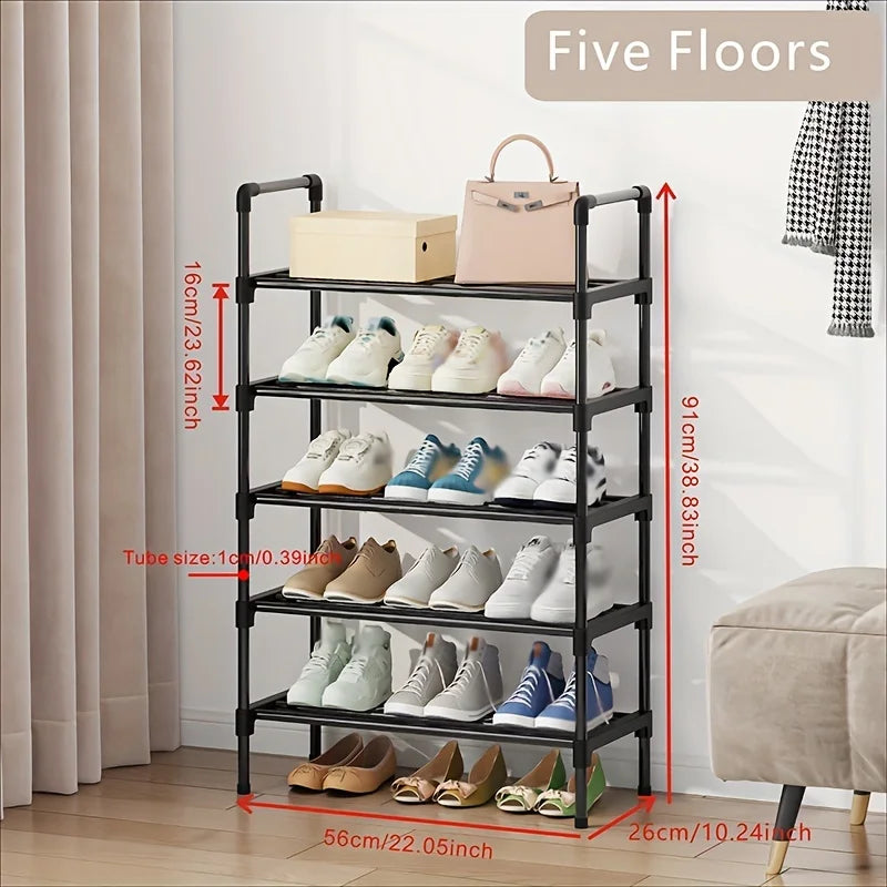 Metal Shoe Rack Stackable Organizer Freestanding Storage Shelf Space Saving for Closet Bedroom Indoor Outdoor Black 5 Layer 56×26×91cm