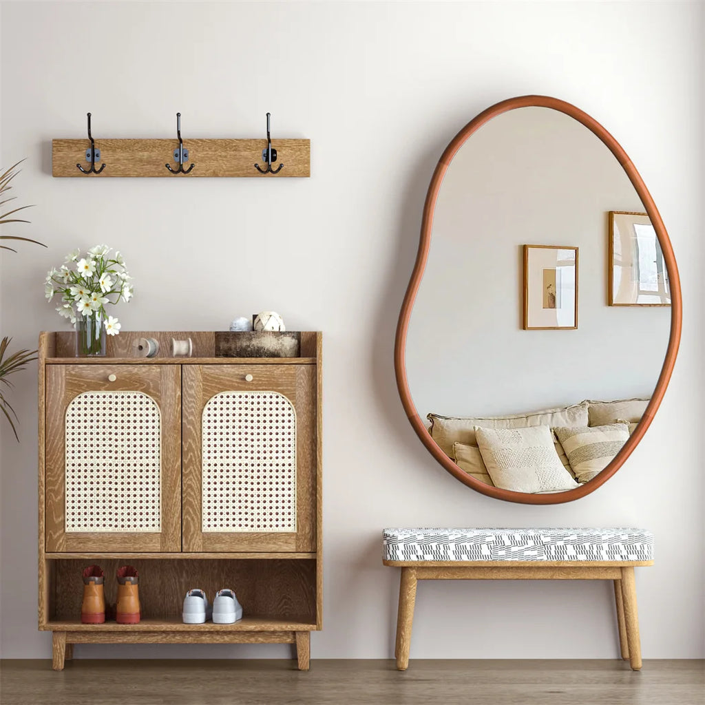 Asymmetrical Wall Mirror 74.3x110cm Wood Frame Irregular Mid Century Dressing Mirror Brown