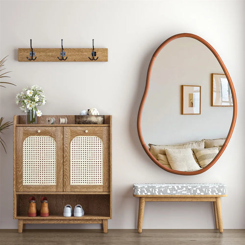 Asymmetrical Wall Mirror 56x82cm Wood Frame Irregular Mid Century Dressing Mirror Brown
