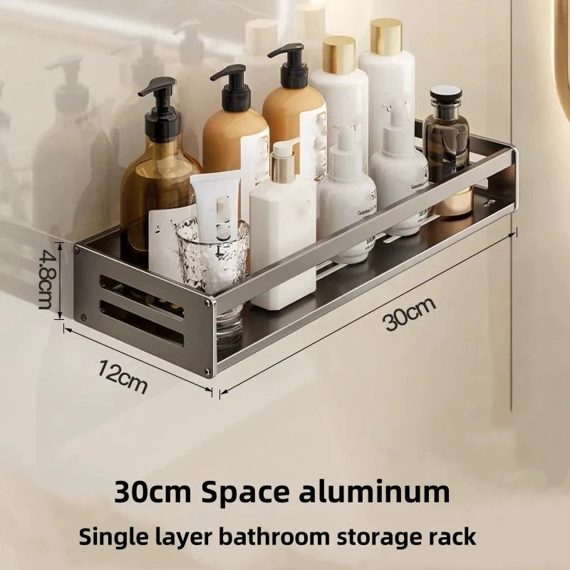 30CM No Drill Shower Corner Shelf Aluminium Bathroom Storage Rack with Towel Bar Shampoo Holder Toilet Organiser