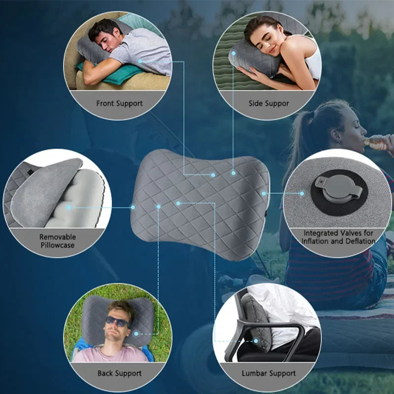Ultralight Inflatable Camping Pillow Soft Washable Cover Ergonomic Travel Pillow Neck Lumbar Support Cushion Light Grey 32×46cm