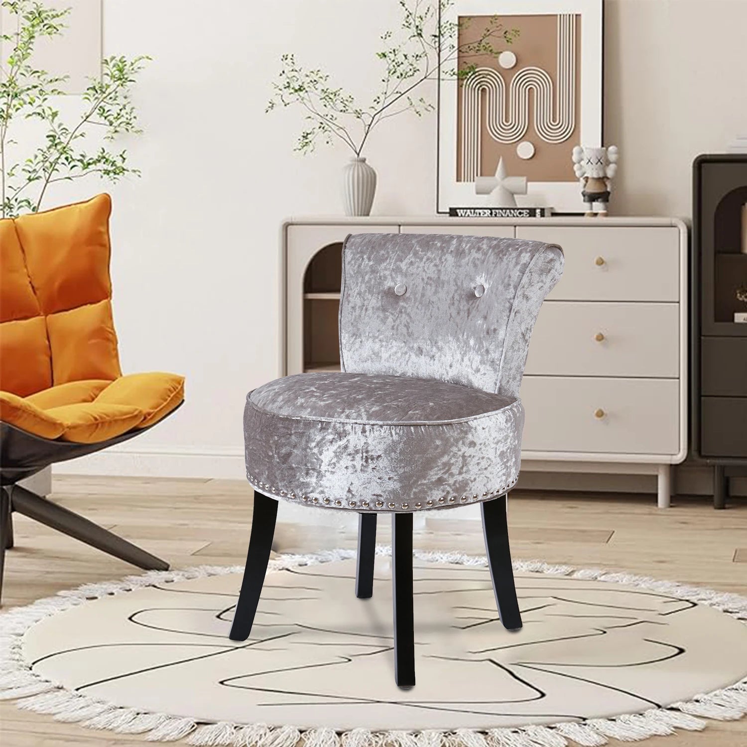 Velvet Vanity Stool Chair 70x48.5cm Padded Accent Chair with Wood Legs Grey Makeup Dressing Stool