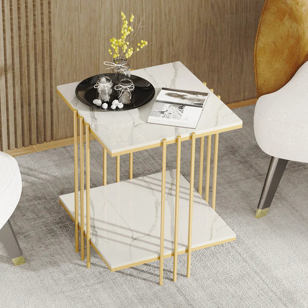 2 Tier Square Side Table 44.5x44.5x55.5cm Marble Top Gold Metal Frame Living Room Coffee Table