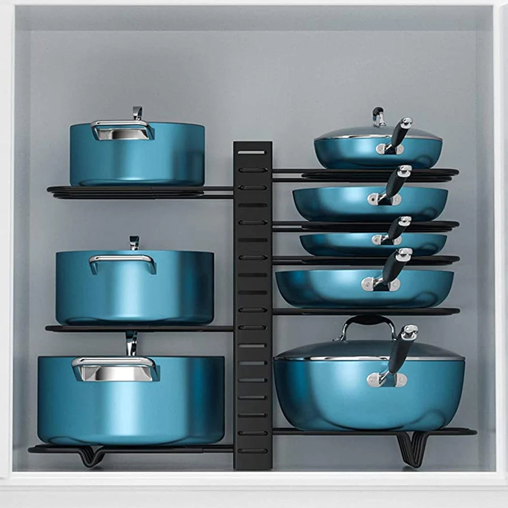 8 Tier Adjustable Pan Pot Organizer Rack DIY Cabinet Storage Stand Kitchen Pantry Holder for Pots Lids J2609 Black