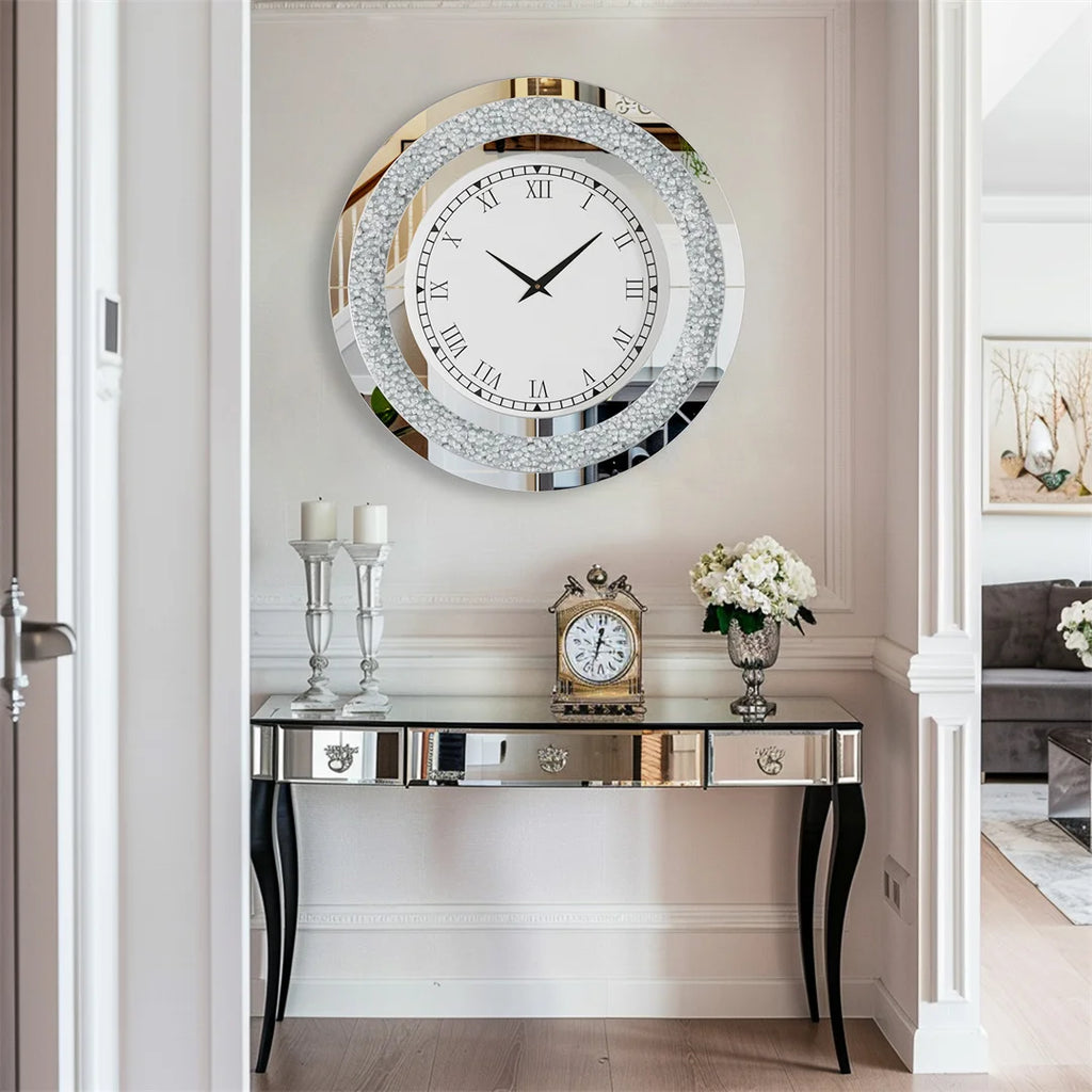 Mirror Wall Clock 60cm Crystal Crush Diamond Round Decorative Clock Silver Bling Wall Clock