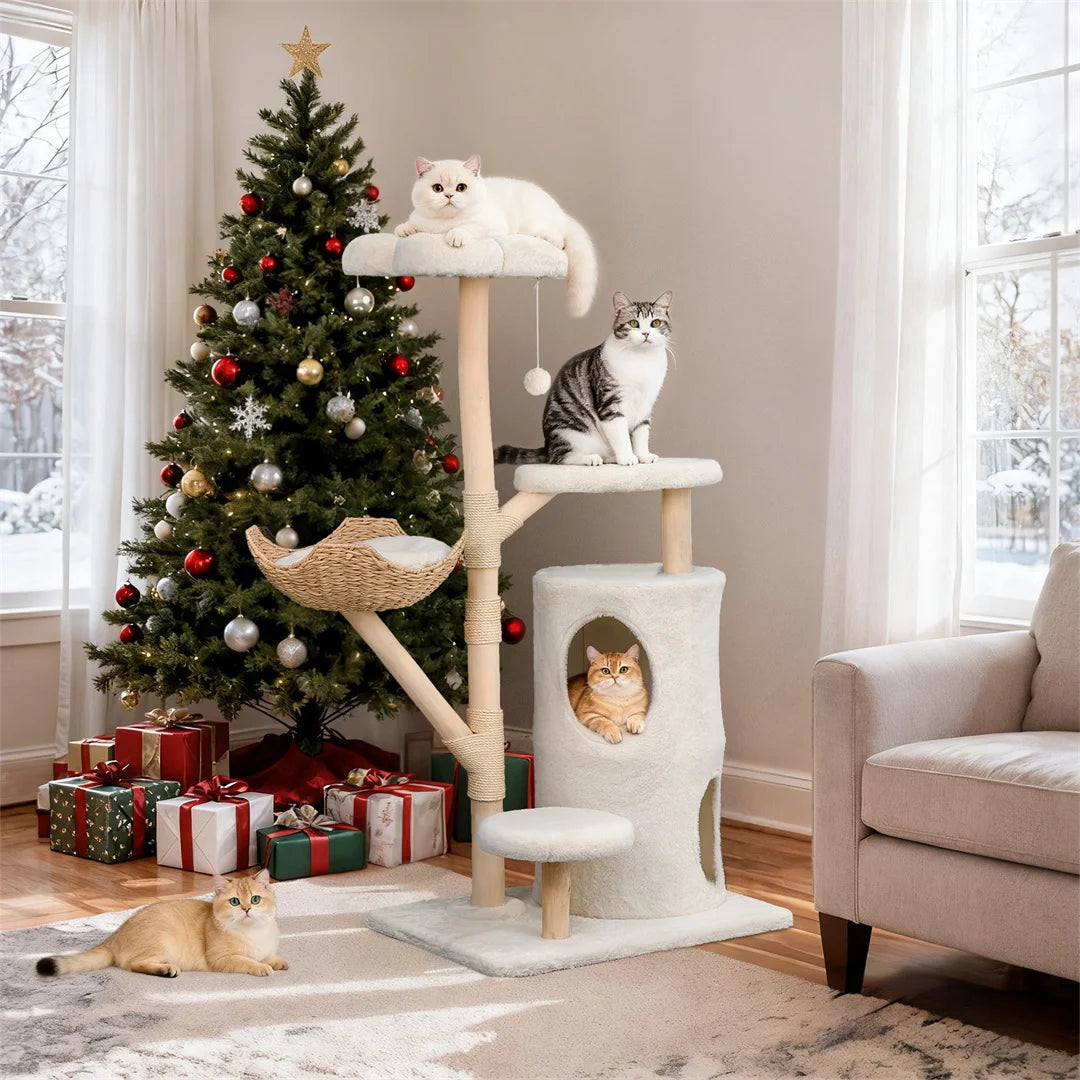 Indoor Cat Tower Tree 56 Tall Multi Level Vertical Cat Tree Activity Tower for Multi cat Households Cat White 76.5x142cm