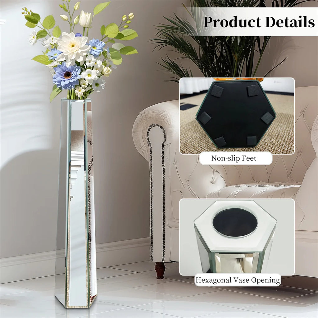 Floor Vase 30 Inch Mirrored Silver Decorative Flower Vase Silver 77x17.8cm