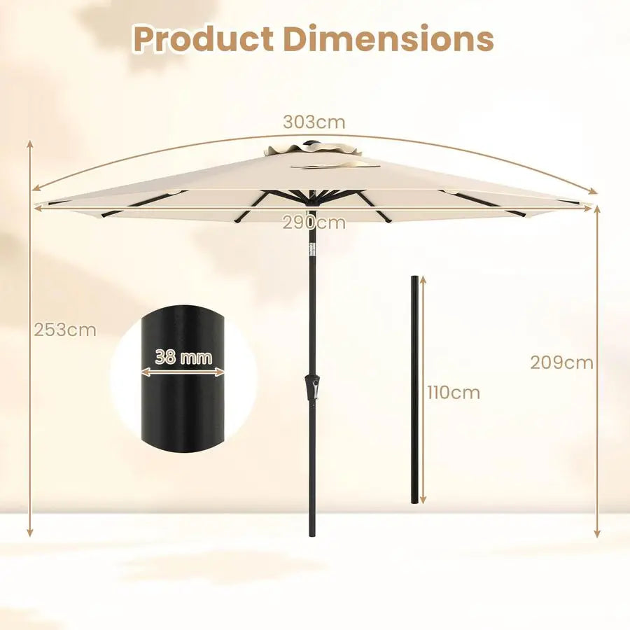 Patio Umbrella 303cm Table Umbrella Crank Lift and Push Button Tilt Wind-Resistant Double-Vented Canopy 8-Rib Frame Beige