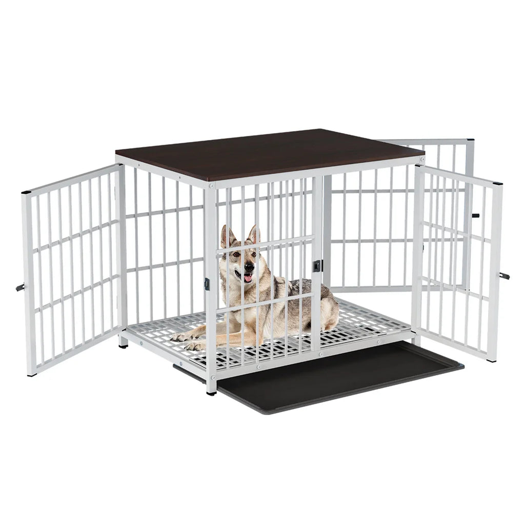 Wooden Dog Crate Furniture with 3 Doors Removable Tray Metal Frame End Table for Large Dogs White 86.5x59x66.5cm