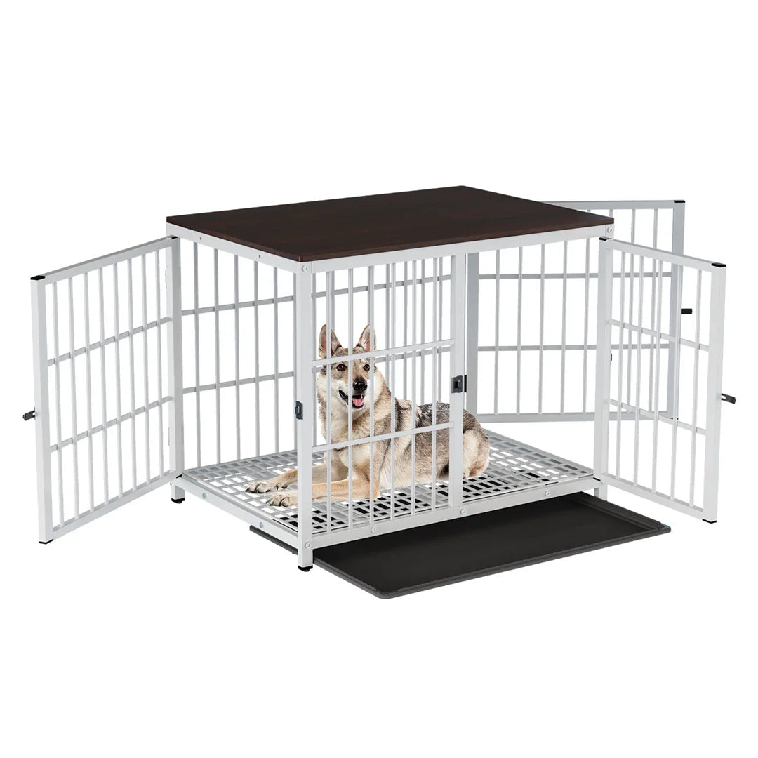 Wooden Dog Crate Furniture with 3 Doors Removable Tray Metal Frame End Table for Large Dogs White 86.5x59x66.5cm