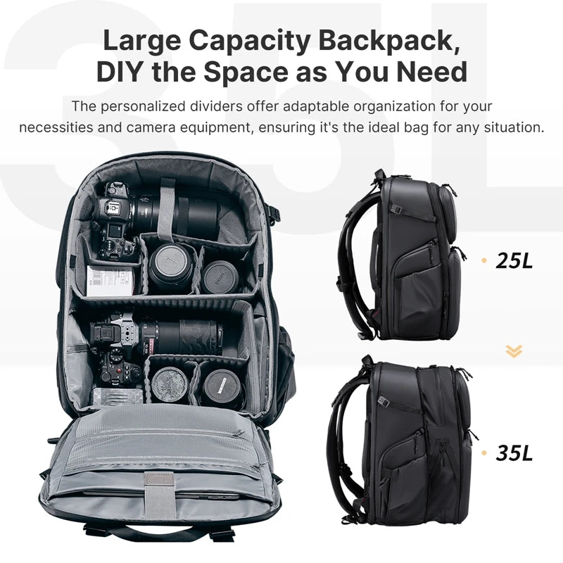 Hardshell Camera Backpack 35L Large Capacity Splash Resistant Travel Photography Bag with Laptop Storage Black