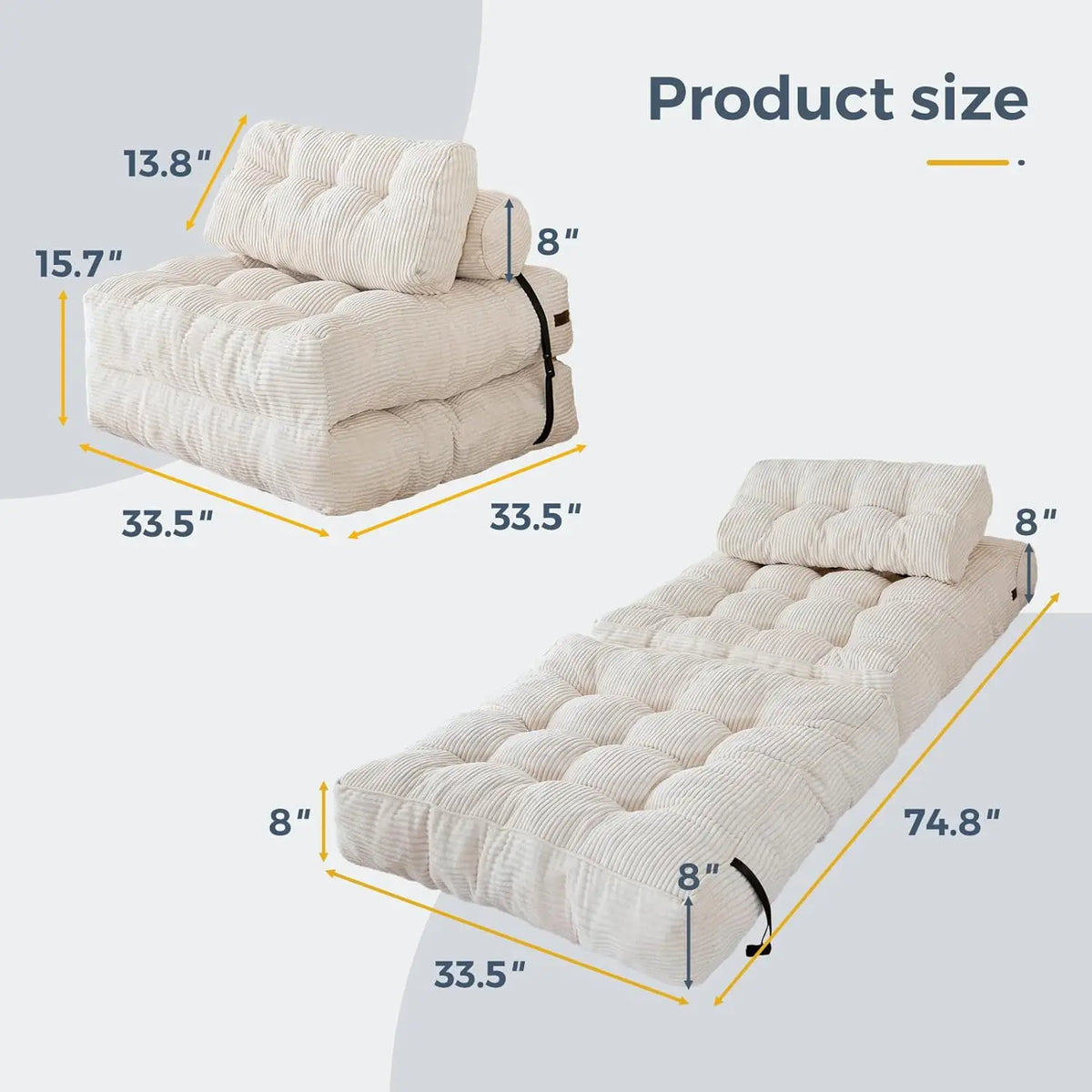 Folding Sofa Bed White 85 x 190 cm Portable Convertible Sleeper Chair with Pillow