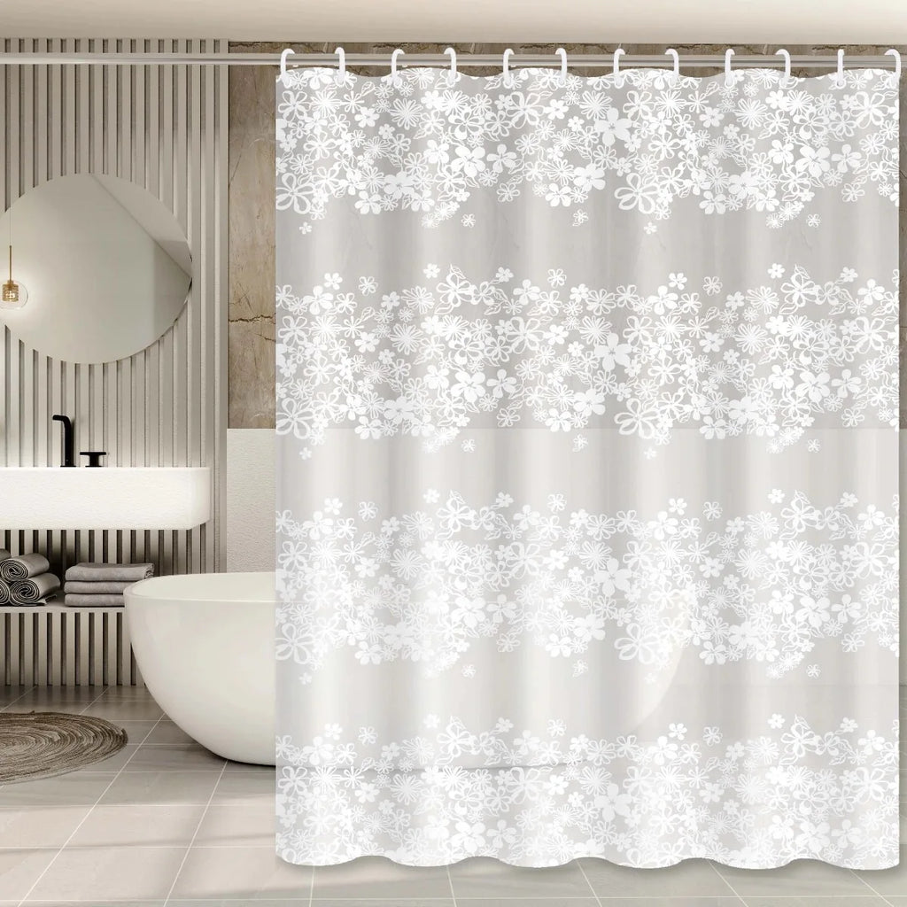 White Flower Shower Curtain Waterproof Bathroom Bath Curtain with Plastic Hooks Bathtub Decor Accessory 80 × 180cm