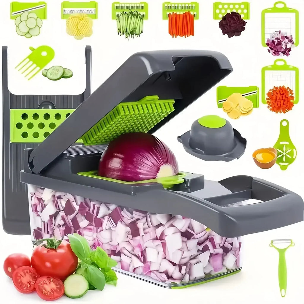 16 in 1 Vegetable Chopper Food Slicer Dicer Grater Multifunctional Kitchen Cutter with Handle Manual Processor Grey 28 × 10 × 11cm