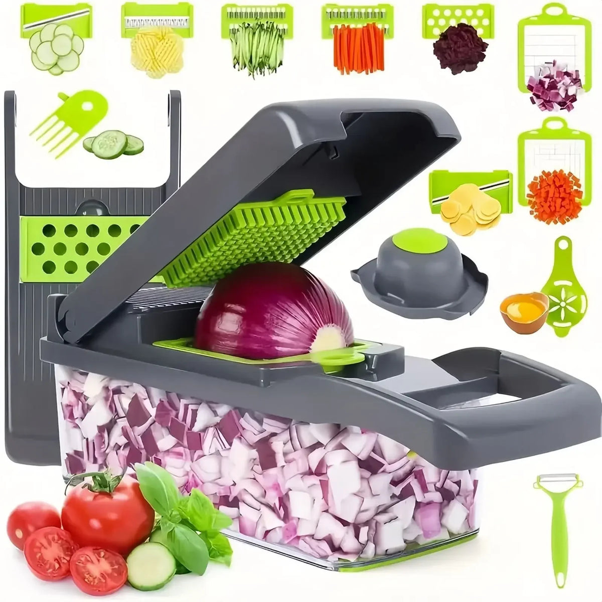 16 in 1 Vegetable Chopper Food Slicer Dicer Grater Multifunctional Kitchen Cutter with Handle Manual Processor Grey 28 × 10 × 11cm