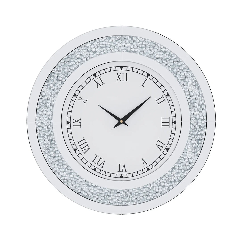Mirror Wall Clock 60cm Crystal Crush Diamond Round Decorative Clock Silver Bling Wall Clock