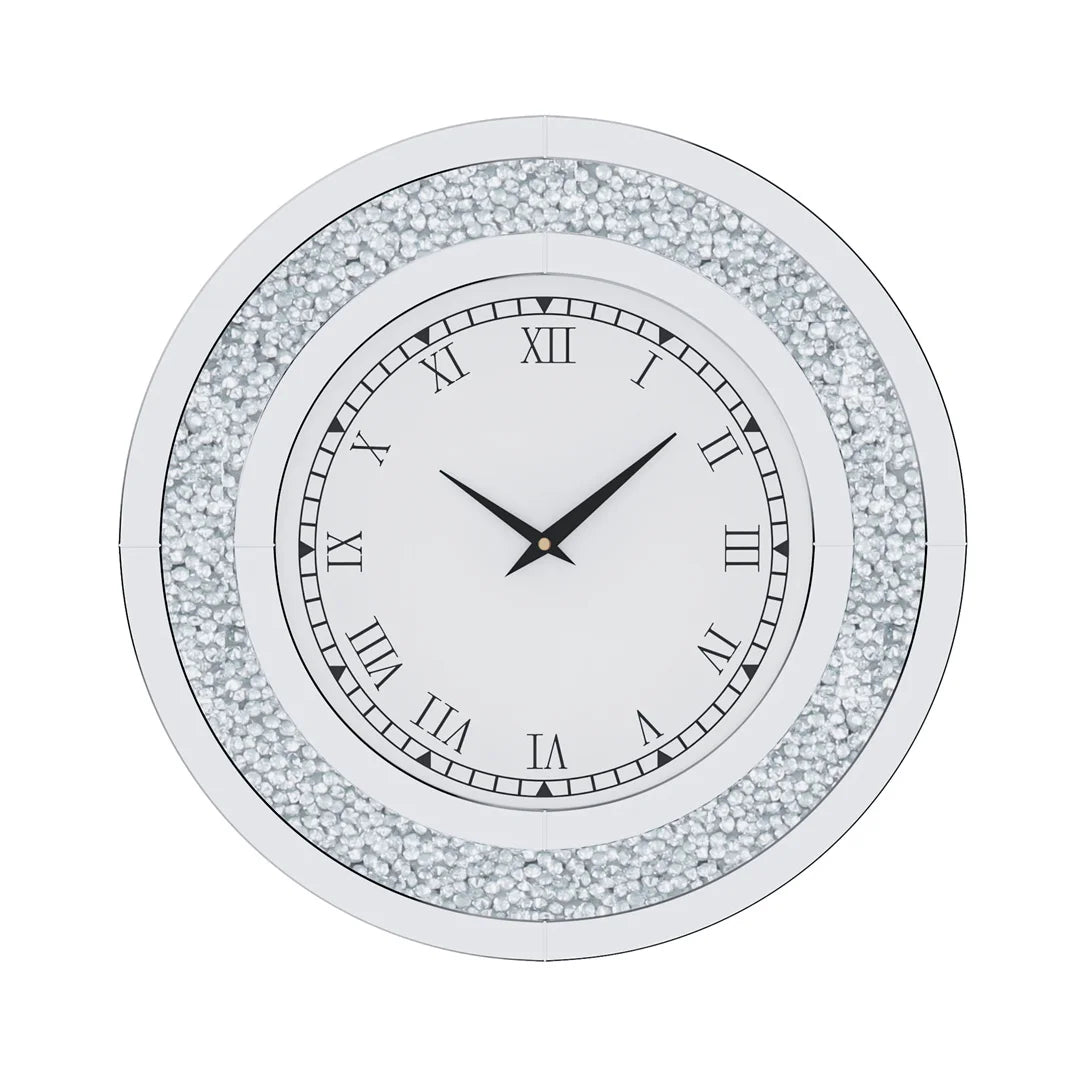Mirror Wall Clock 60cm Crystal Crush Diamond Round Decorative Clock Silver Bling Wall Clock