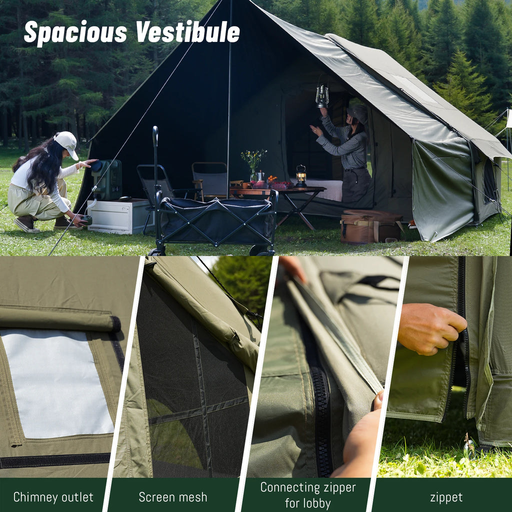 8 Person Inflatable Glamping Tent with Mesh Windows Hand Pump Large Canopy Living Room Camping Shelter Green