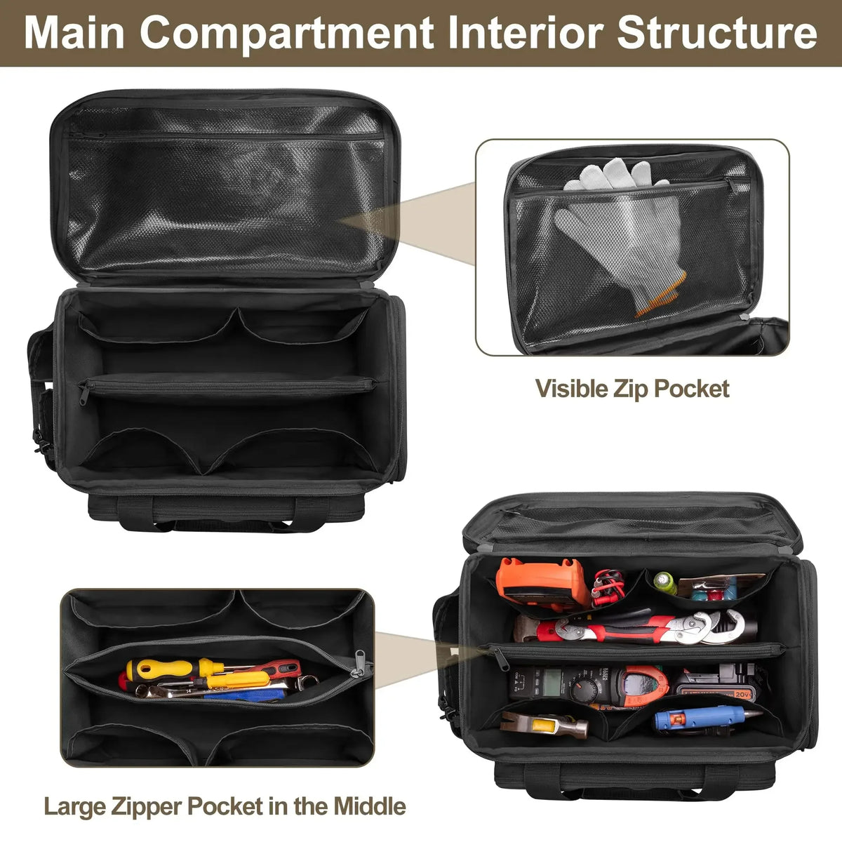 Heavy Duty Tactical Tool Bag Portable Organizer Non Slip Base Handyman Carpenter Tool Storage Case Durable Black