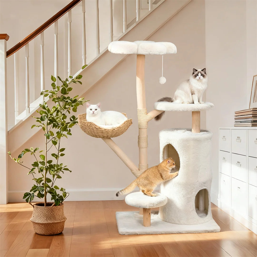 Indoor Cat Tower Tree 56 Tall Multi Level Vertical Cat Tree Activity Tower for Multi cat Households Cat White 76.5x142cm