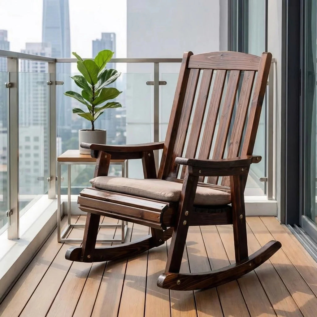 Solid Wood Rocking Chair Outdoor Patio Recliner Weather Resistant Lounge Chair for Garden Porch Balcony Carbonized 65 × 55 × 100cm