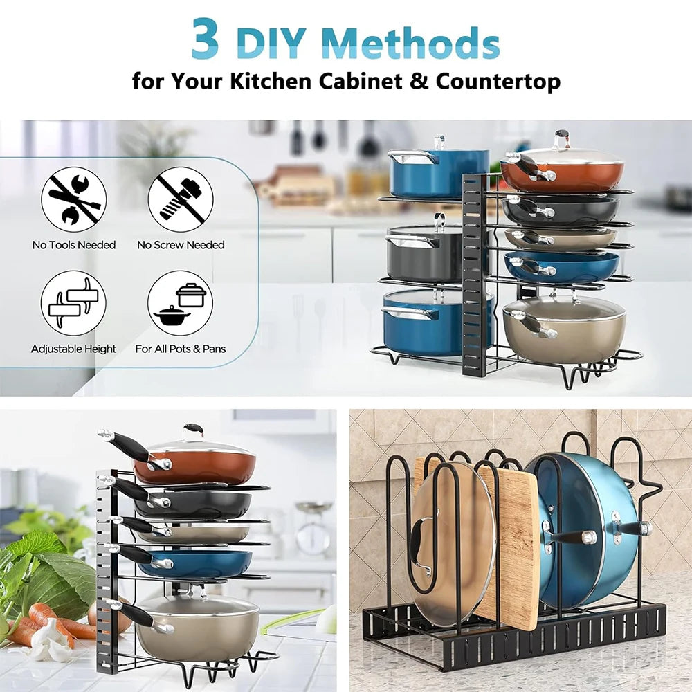 8 Tier Adjustable Pan Pot Organizer Rack DIY Cabinet Storage Stand Kitchen Pantry Holder for Pots Lids J2609 Black