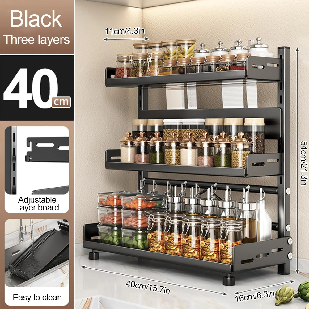 3 Tier 40cm Spice Rack Adjustable Kitchen Countertop Organizer Metal Shelf Cabinet Storage Stand Black 40 × 16 × 54cm