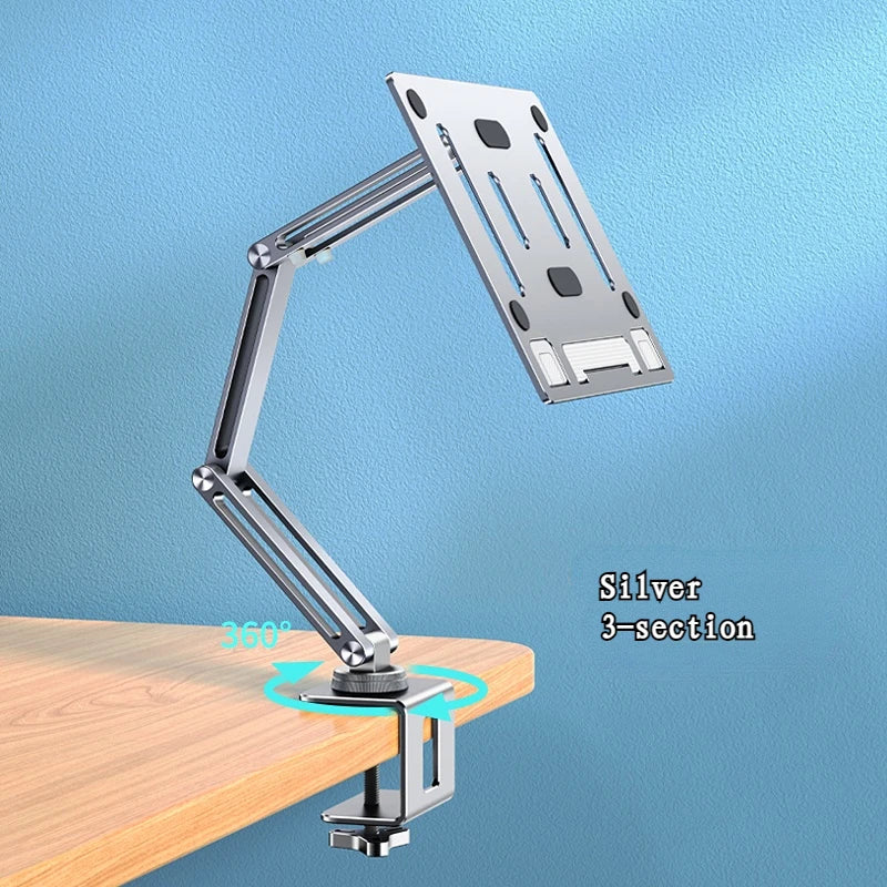 360° Rotating Laptop Tablet Stand Clamp Holder Adjustable Height 3 Joint Desktop Bed Lazy Arm Bracket Support Silver