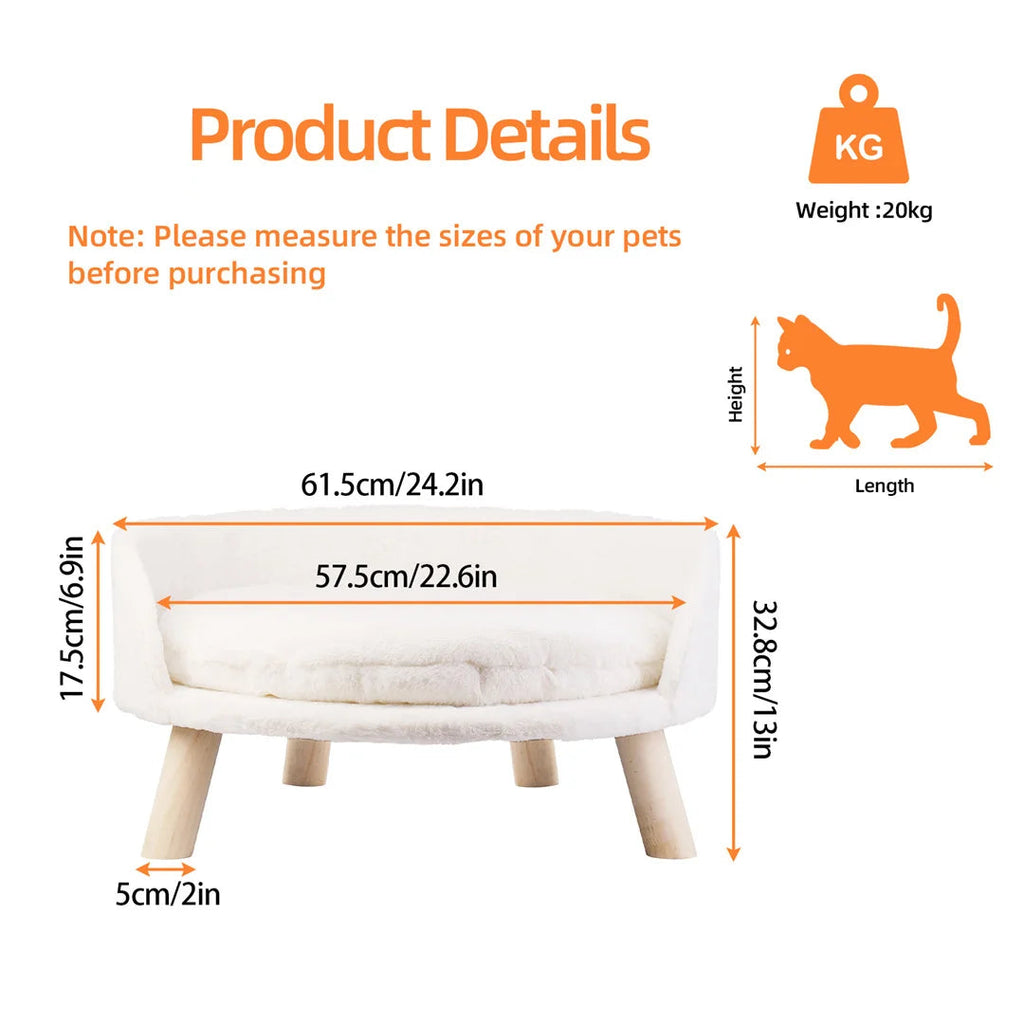 Cat Bed Plush Pet Chair Stool with Cushion and Wood Legs White 61.5x32.8cm