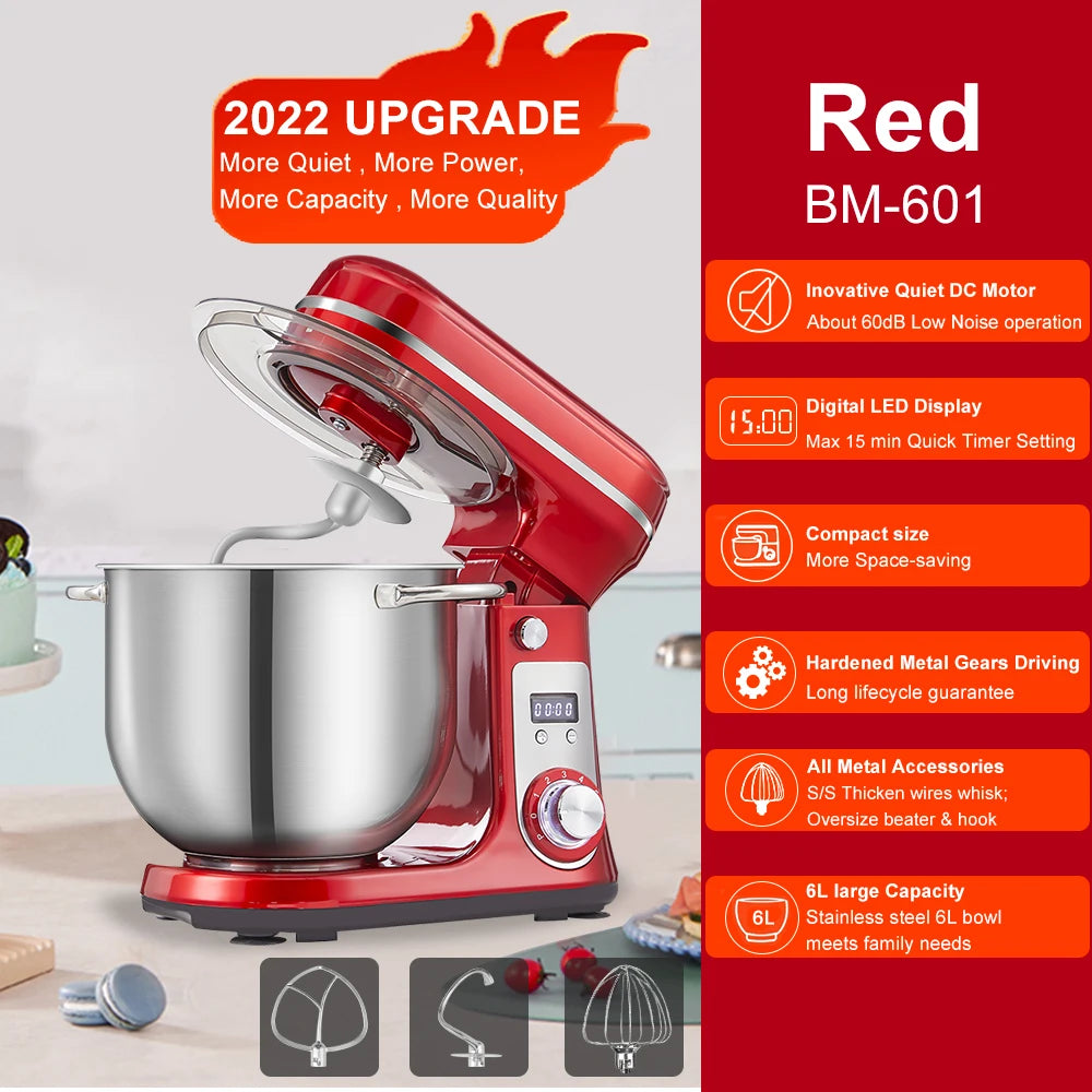 1200W Kitchen Stand Mixer 6L Food Blender Quiet Motor Egg Whisk Dough Kneader 6 Speed Baking Mixer Red BM-601 AU