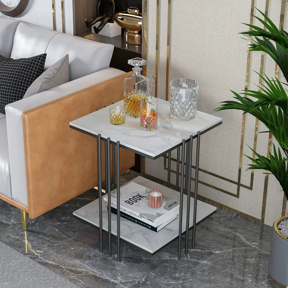2 Tier Square Side Table 44.5x44.5x55.5cm Marble Top Black Metal Frame Living Room Coffee Table