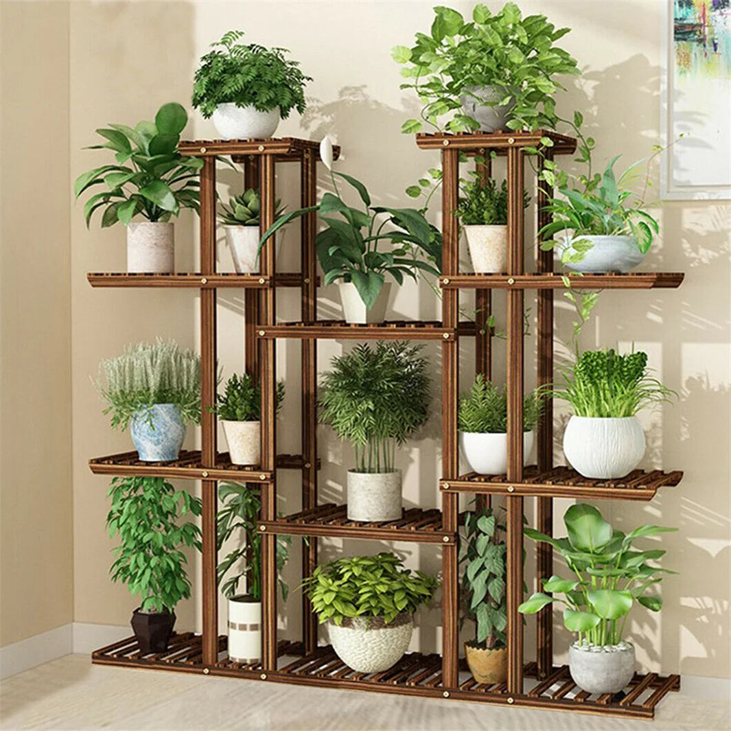 Plant Stand 11 Tier Carbonized Wood Flower Pot Display Shelf Indoor Outdoor Garden Rack Brown 116x115cm