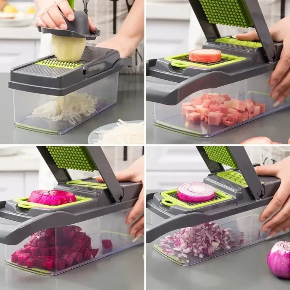 14 in 1 Vegetable Chopper Food Slicer Dicer Grater Multifunctional Kitchen Cutter with Handle Manual Processor Grey 28 × 10 × 11cm