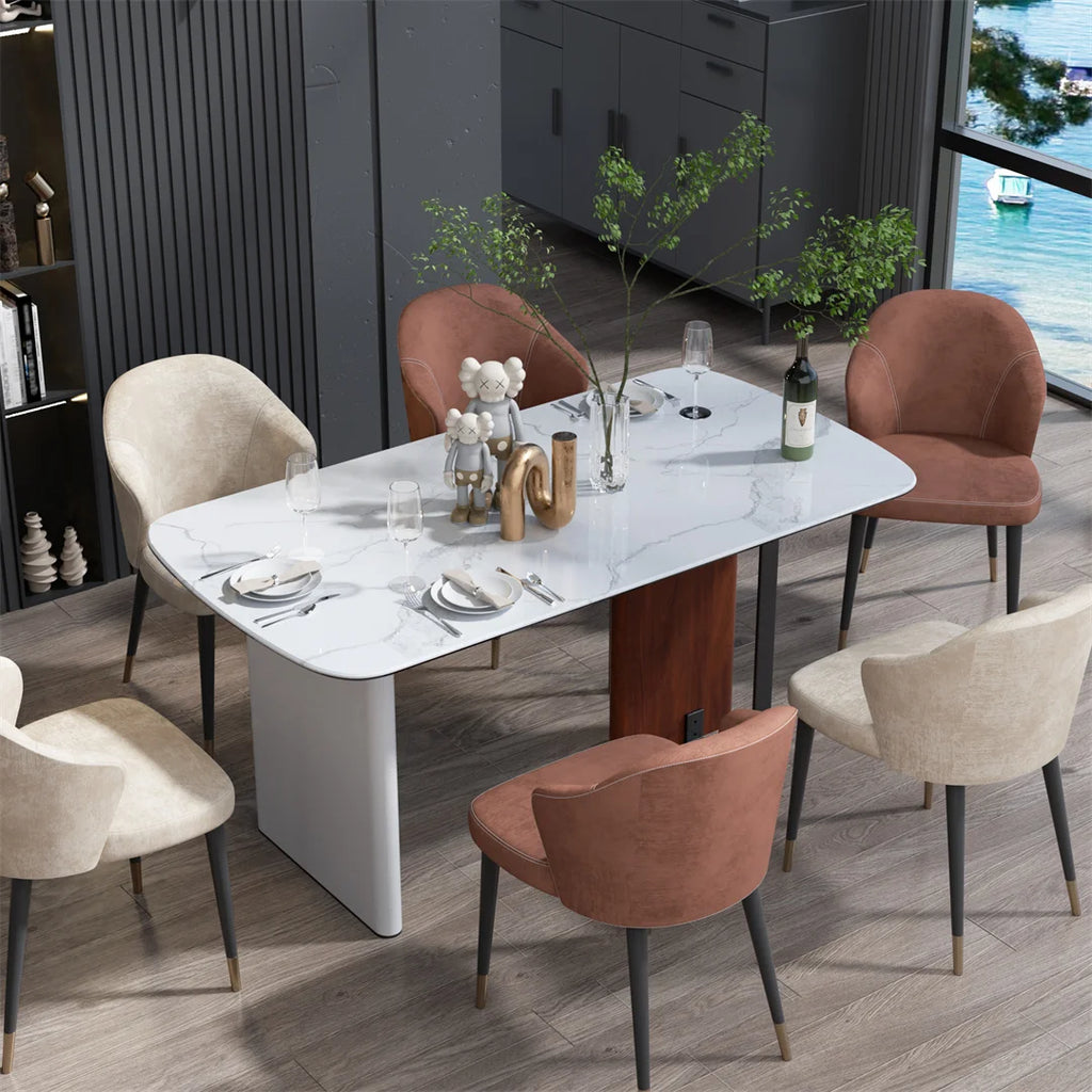Rectangle Dining Table 160cm 4-6 Seater White Marble Glass Top Walnut Frame Kitchen Dining Table