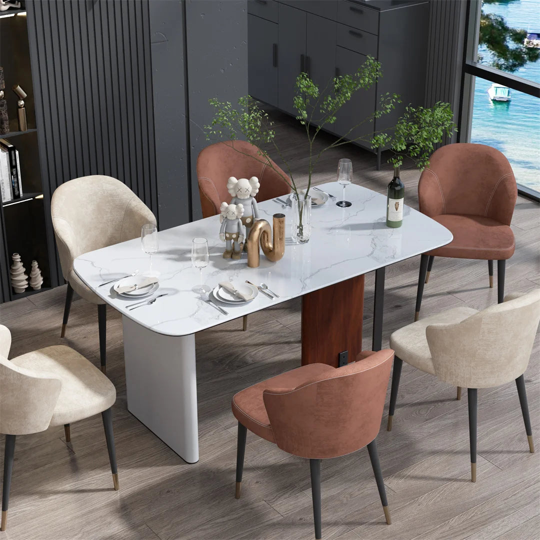 Rectangle Dining Table 160cm 4-6 Seater White Marble Glass Top Walnut Frame Kitchen Dining Table