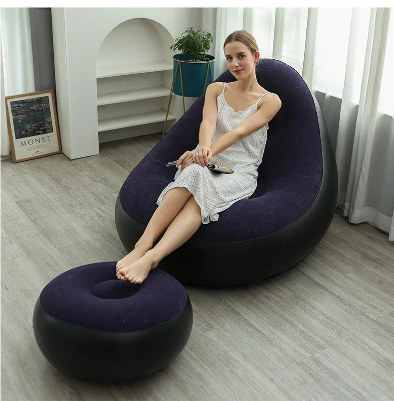 Inflatable Lazy Sofa Chair Foldable PVC Flocking Lounger Dark Blue