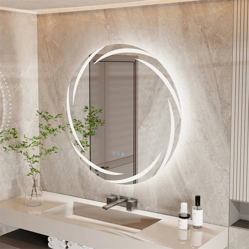 80 cm LED Bathroom Mirror Round Touch Screen Waterproof Anti Fog Vanity Mirror Wall Mounted for Wash Basin Shower Grooming