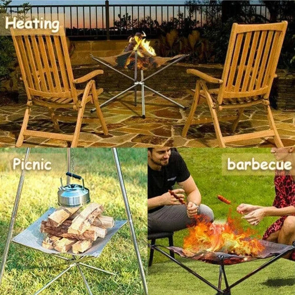 Portable Fire Pit Grill Foldable Stainless Steel Camping BBQ Rack Mesh Bonfire Stand 42x42x34cm