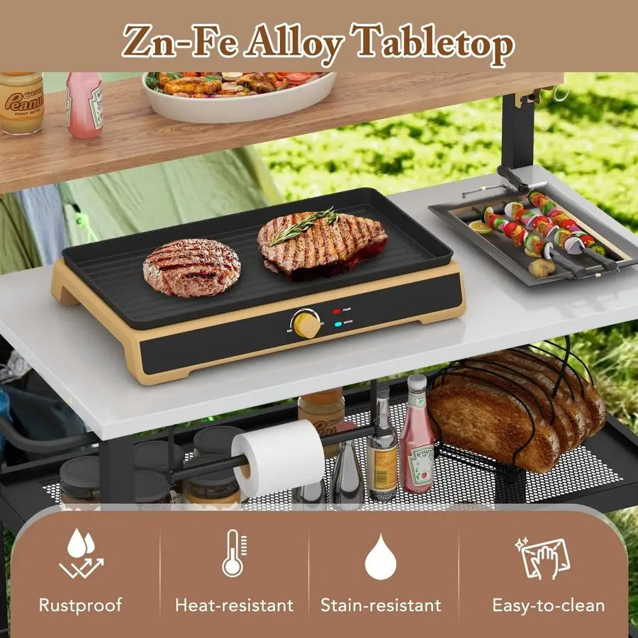 3 Tier Grill Cart Outdoor Pizza Oven Stand with Flip-Up Bar Table Cooking Station with Hooks and Trash Bag Holder Black and White 116.8x55.9x129.5cm