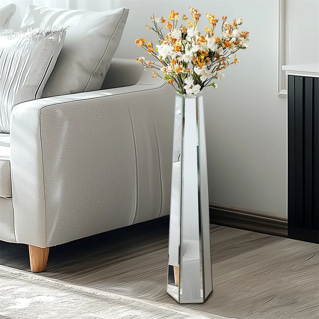 Floor Vase 30 Inch Mirrored Silver Decorative Flower Vase Silver 77x17.8cm