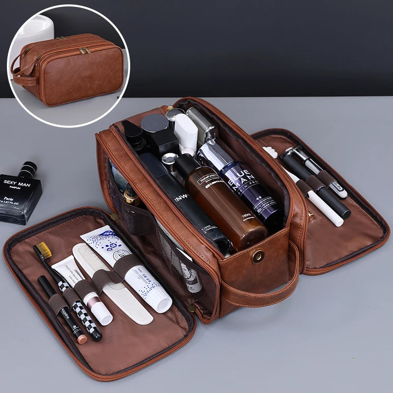 Multi Pocket PU Toiletry Bag Waterproof Hanging Travel Cosmetic Makeup Organizer Bag Wash Storage Pouch Brown