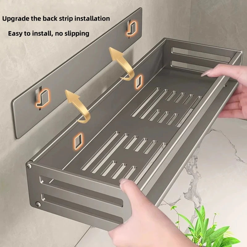 30CM No Drill Shower Corner Shelf Aluminium Bathroom Storage Rack with Towel Bar Shampoo Holder Toilet Organiser