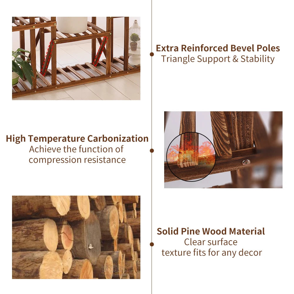 Plant Stand 11 Tier Carbonized Wood Flower Pot Display Shelf Indoor Outdoor Garden Rack Brown 116x115cm